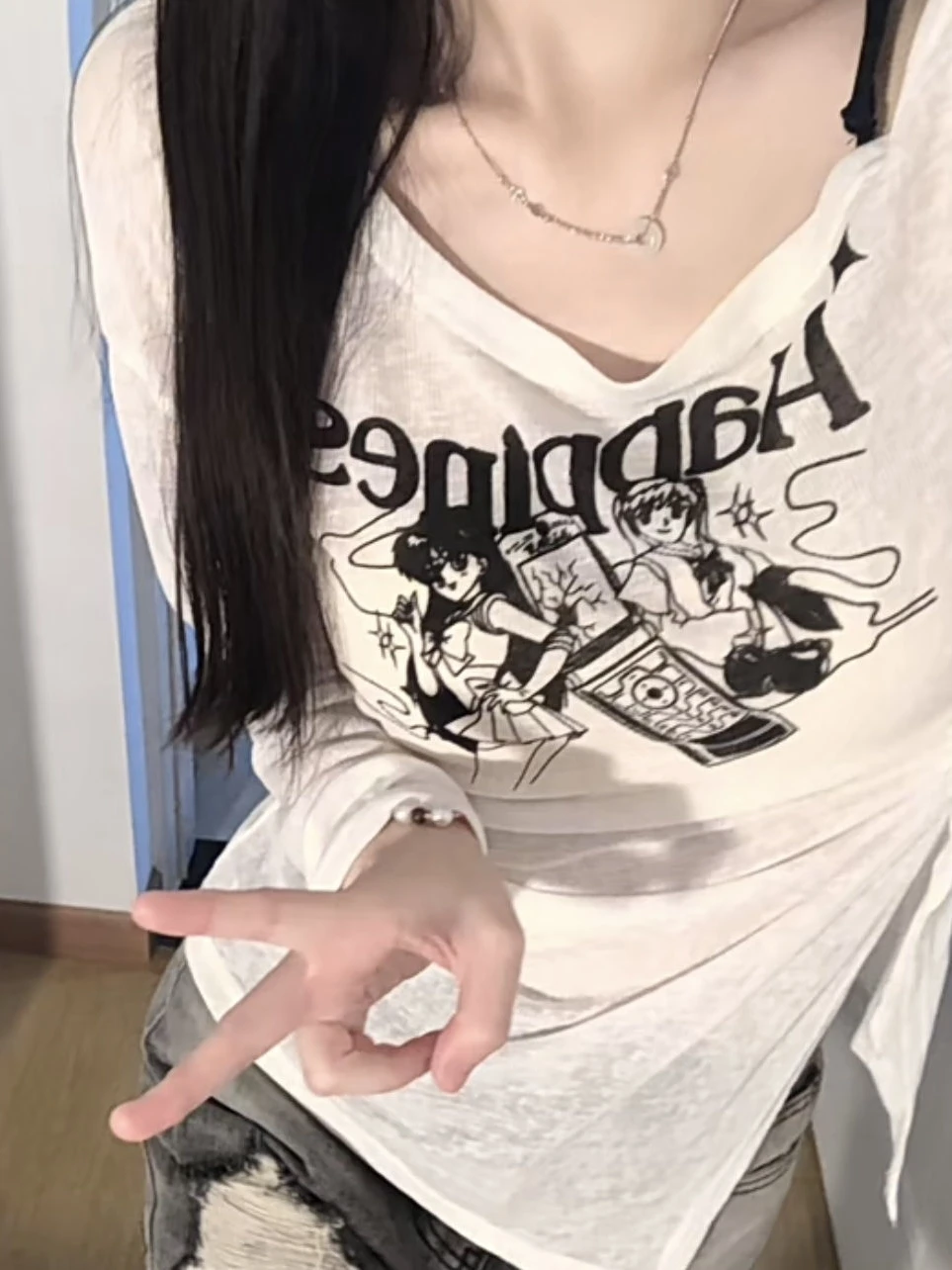 Korean Sle Sweet Spicy Girl Hollow out Print Hem Thin Sun Protection Long Sve T-irt Women Summer Slim Versatile Top