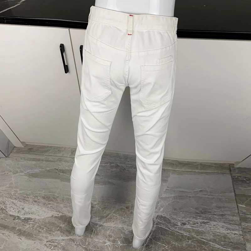 High Street Fashion New Jeans Elastic Slim Fit Wash White Men's Jeans Hip Hop Brand High Quality Pants