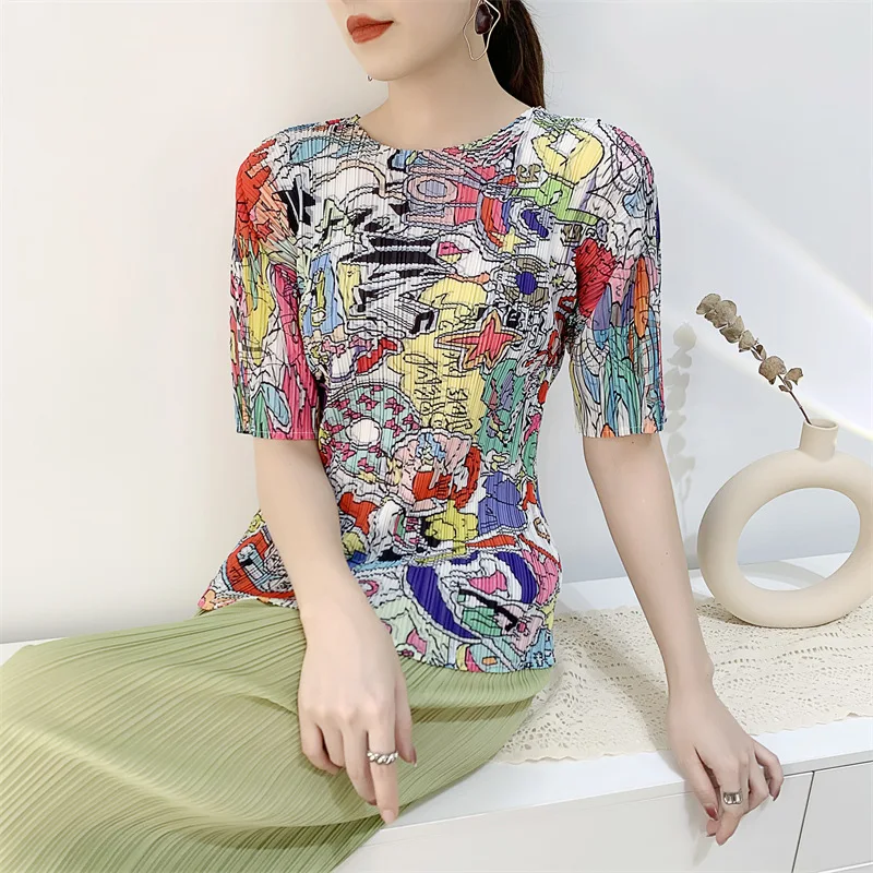 

Graffiti Series Miyake Peplum Top Women T-shirt 2022 Summer New Pleated Clothes Digital Printing Design Sense Y2k Top T Shirt