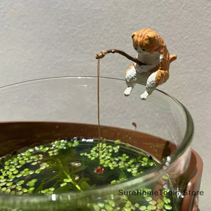 Fish Tank Fishing Cat Hanging Creative Landscape Office Ornaments Fishing Fun Mini Decorative Micro-Landscape