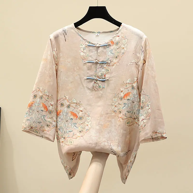 Chinese Style Three Quarter Sleeve O-Neck Hydrangea Pattern Printing Vintage Disc Buckle Design Thin Women Shirt Cotton Linen for xiaomi redmi note 12 pro 4g 11 pro 4g mediatek note 11 pro 5g qualcomm pattern printing imd design non slip tpu protective case pink flowers