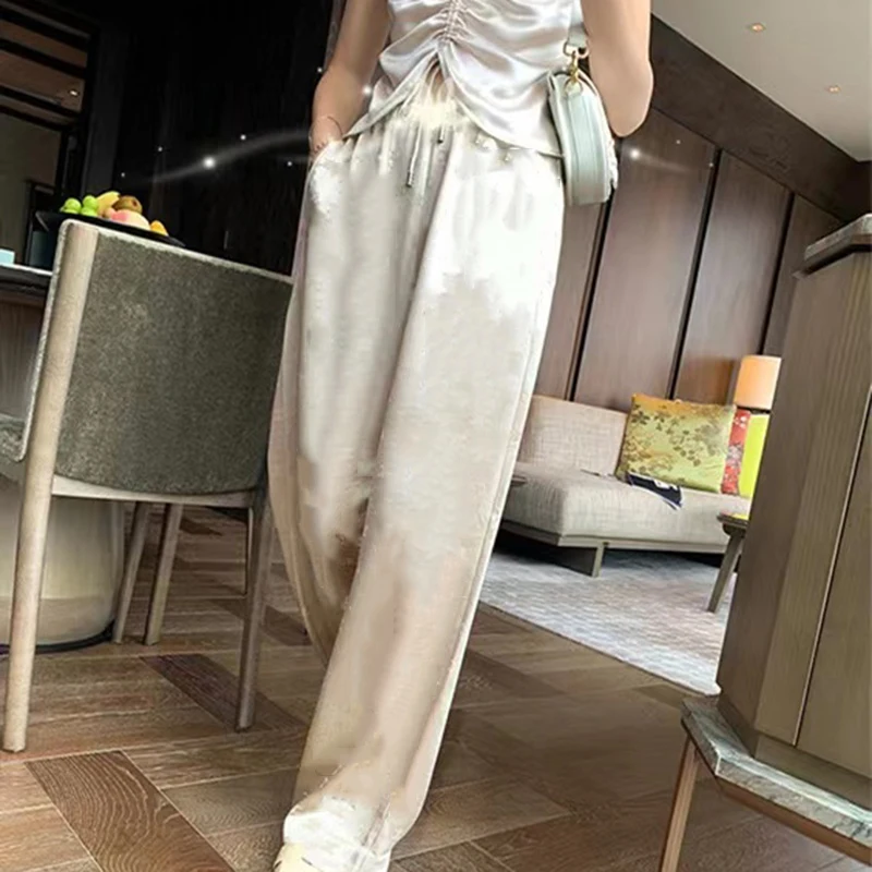 

Women's Fashion Satin Thin Wide Leg Pants Casual Baggy Elastic Waist Drawstring Straight Trousers Summer 2023 Floorlength Pants