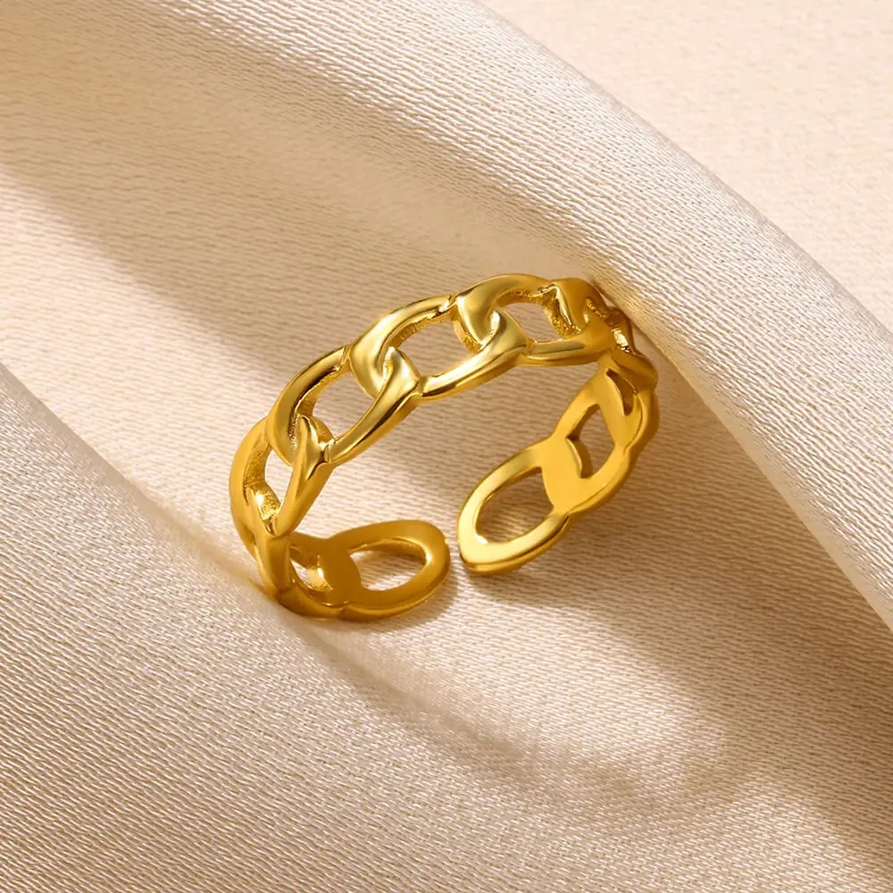 Stainless Steel Link Chain Rings For Women Gold Color Adjustable Ring
