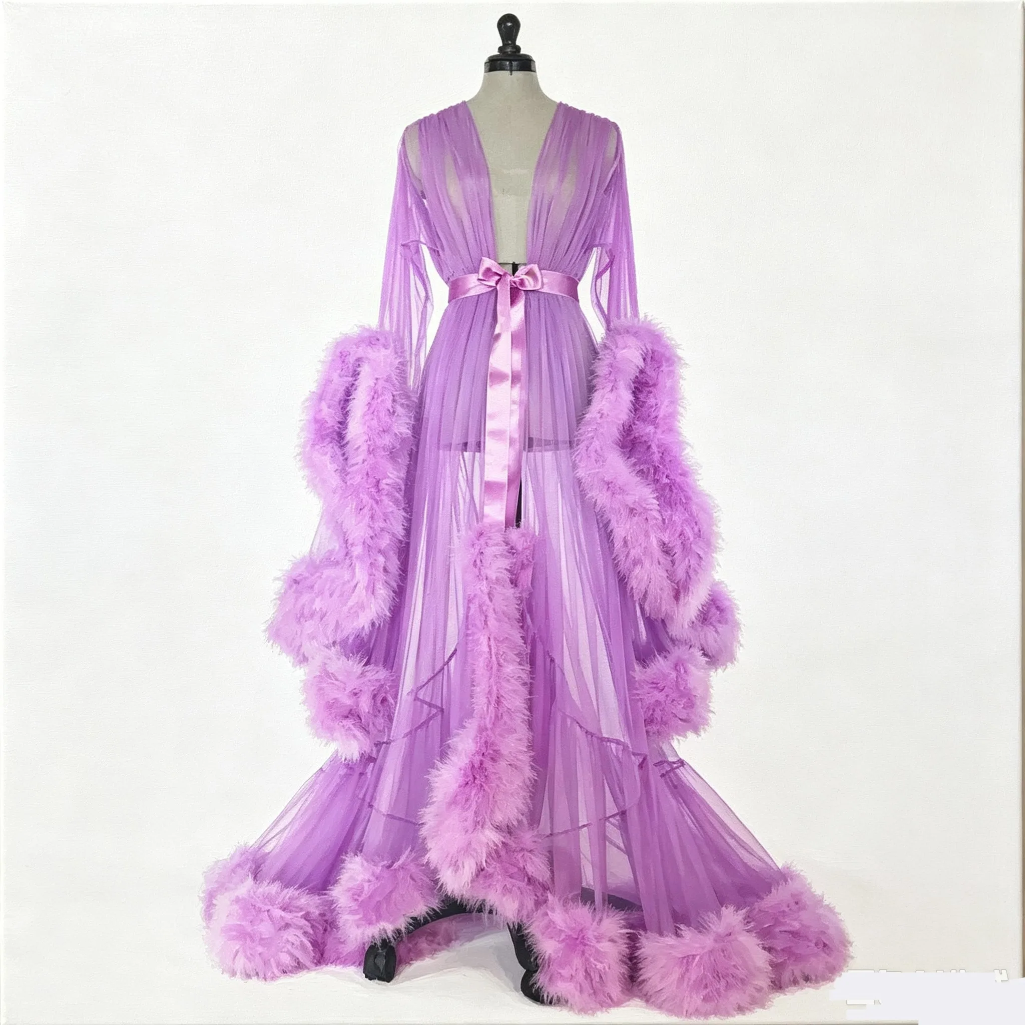 Sexy Feather Perspective Flared Sleeve Trailing Long Dress with Multiple Colors Available Mesh Women's Loose Pregnant Dress