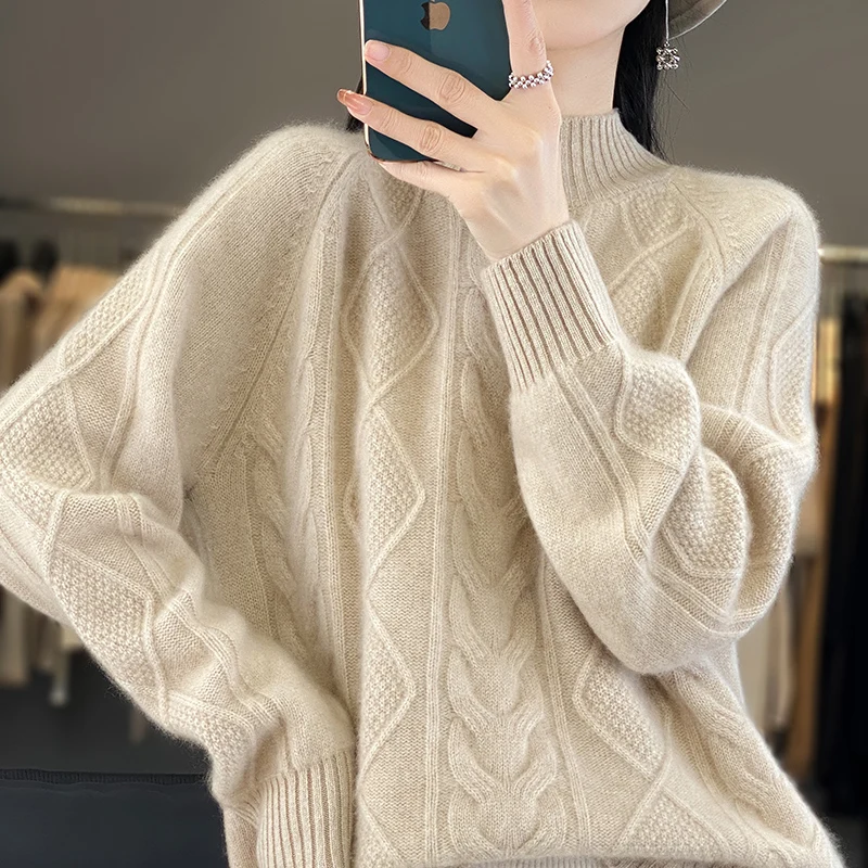 

2023 Autumn Winter New Women's Clothing 100% Wool Cashmere Half High Neck Knit Sweater Soft Loose Large Size Pullover For Female