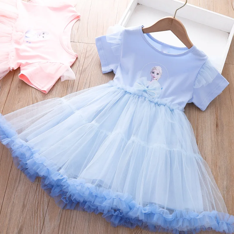 Vestito da Elsa per ragazze vestito estivo 2022 vestito da principessa congelato per bambini nuovi abiti a sbuffo in maglia per bambini abiti da festa a maniche corte per bambina