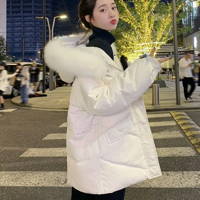 New Women White Duck Down Jacket Winter Coat Female Warm Thick Parkas Short Loose Outwear Artificial Fur Collar Hooded Overcoat