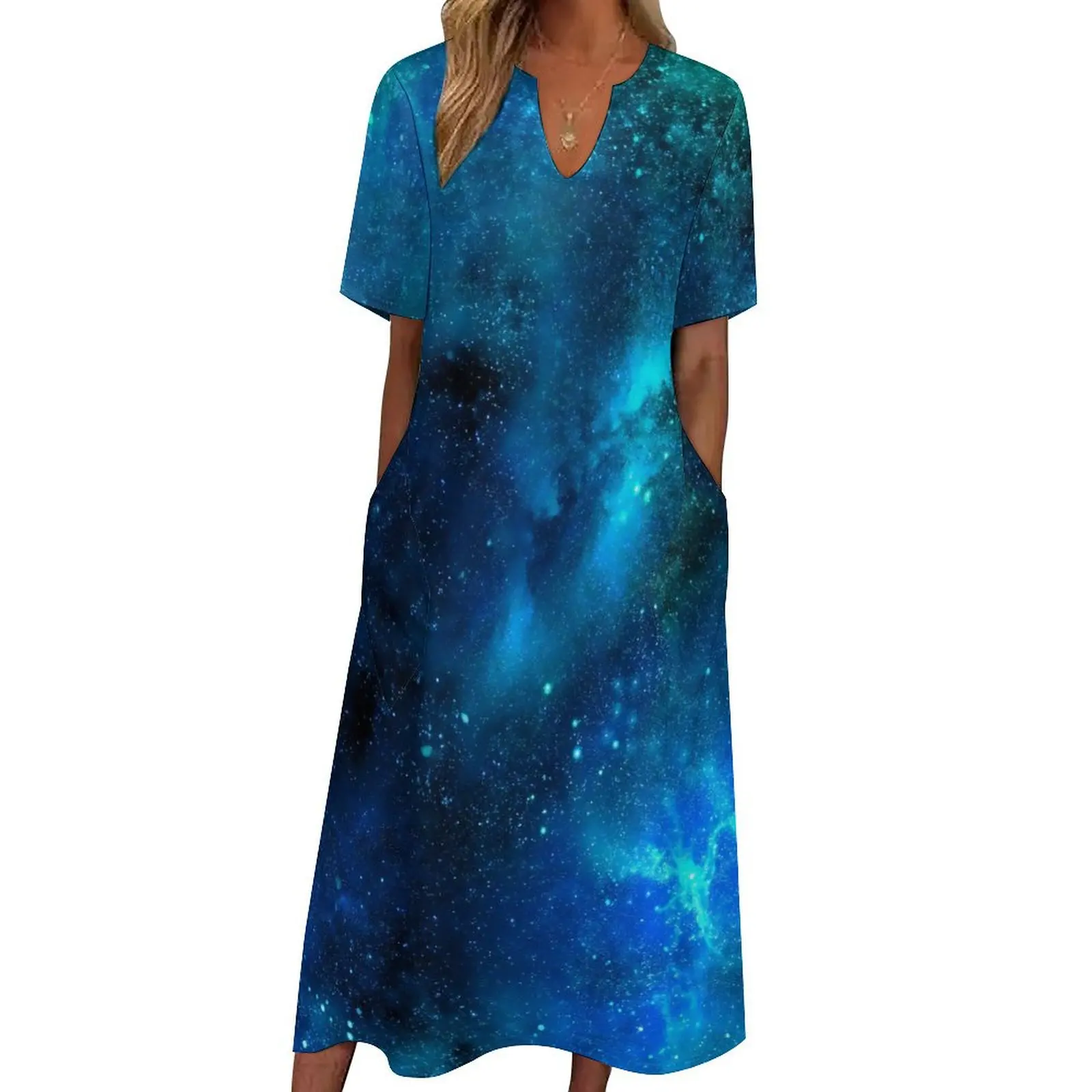 

Nebula And Galaxy Dress Blue Space Trendy Maxi Dress Aesthetic Casual Long Dresses Women V Neck Graphic Oversize Vestido