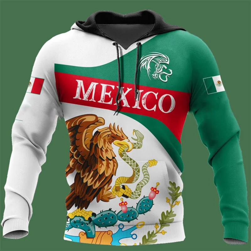 thumbnail image 1 of Sudadera con capucha con estampado 3D de la bandera de México y emblema nacional para hombre, sudadera de manga larga con estampado mexicano azteca, ropa de calle, 1 of 5
