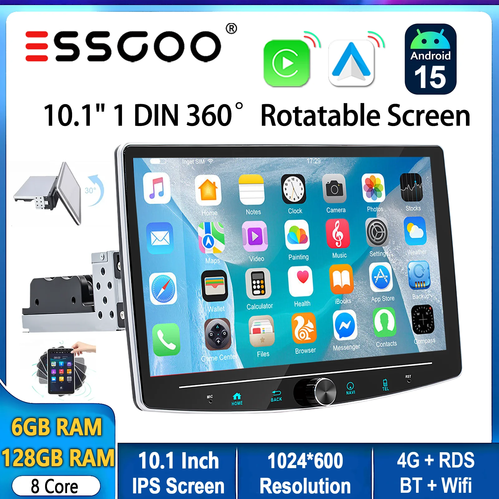 ESSGOO Android 15 10,1" 360 ° Drehbarer Bildschirm 1DIN 6+128G 8core 4G Universal Auto Stereo Carplay mit Mikrofon AM Wifi BT RDS SWC