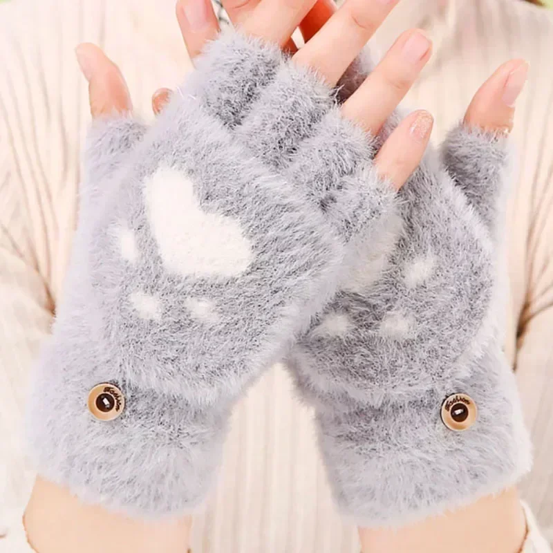 Cartoon Cat Paw Gloves Fingerless Flip Mittens Winter Warm Fleece Touch Screen Gloves Flip Knit Mittens For Women Girls paw patrol gloves cat gloves winter gloves