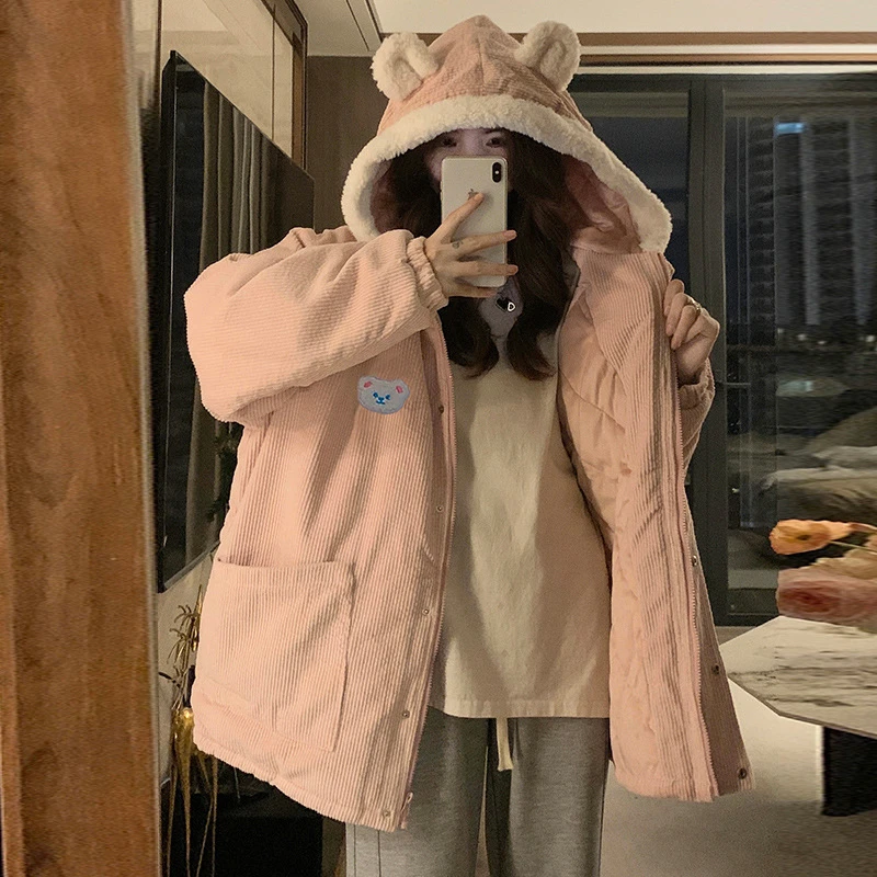 

Fashion Corduroy Hooded Cotton Coat Women's Korean Style Gentle Wind Cute Ears Winter Warm Apricot Pink Cotton Coat