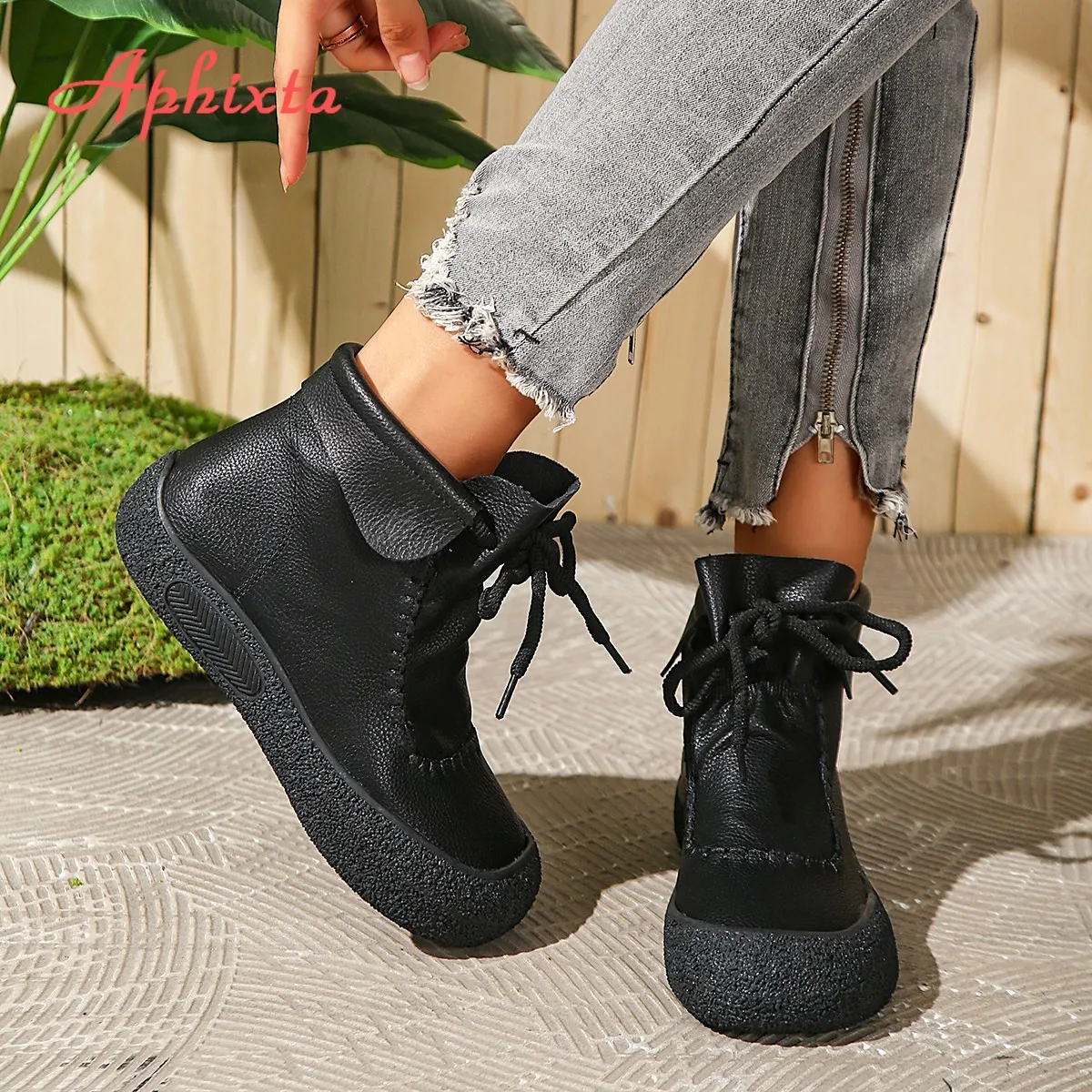 Aphixta Coffee Ankle Boots For Women Lace Up Chunky Heel Modern Short Boot Casual Woman Ankle Boots Woman Booties