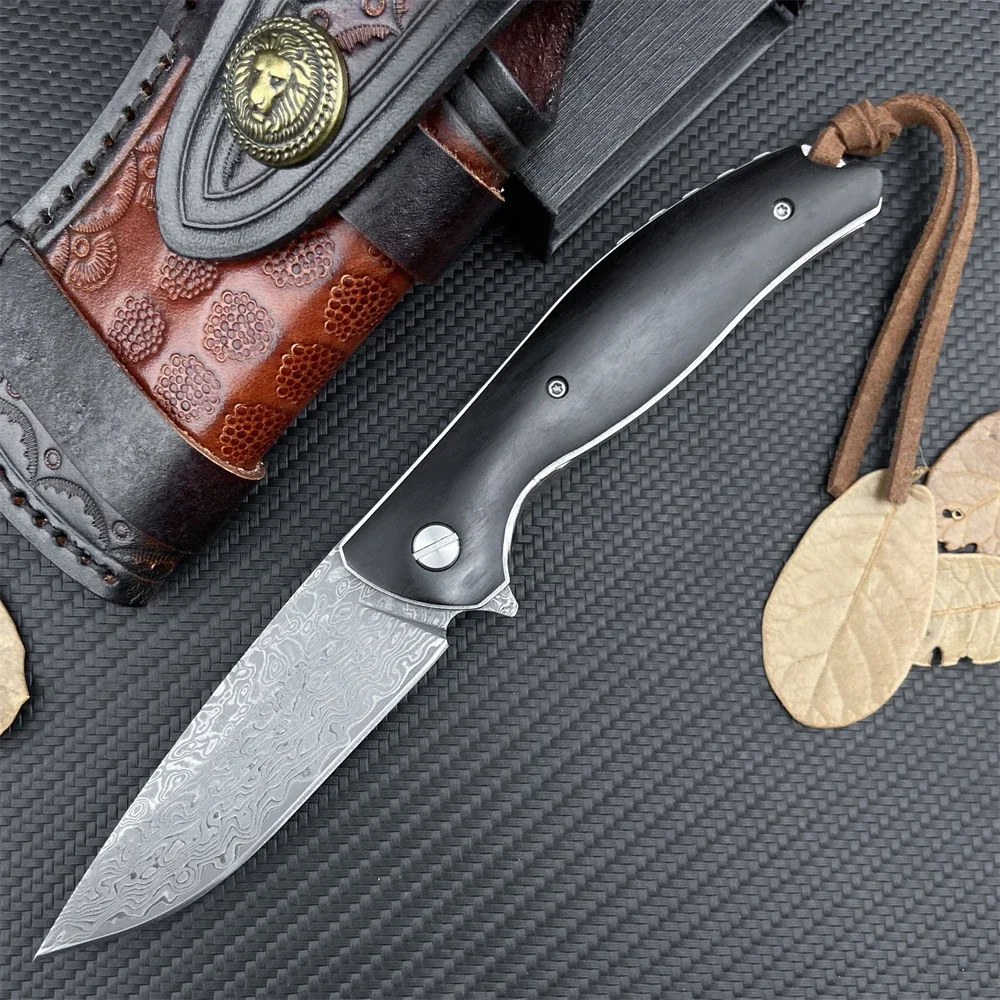 

VG10 Damascus Steel Folding Knife Ebony Handle Outdoor Hunting Self Defense Weapon Tactical Camping EDC Tool Leather Sheath
