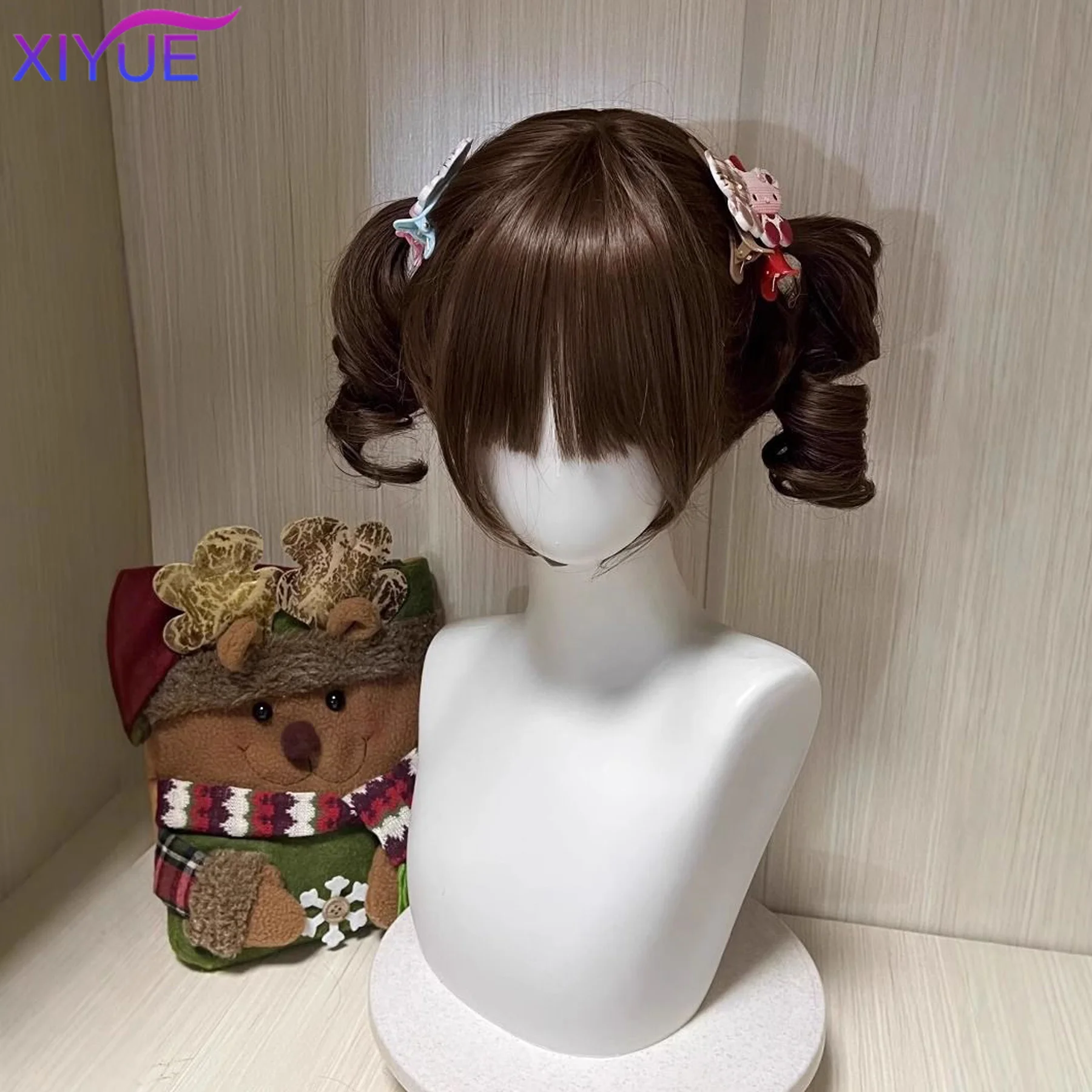 Black Twin Ponytail Princess Cut Natural Short Hair Synthetic Wigs With Bangs For Women Heat Resistant Cosplay Lolita Hair ﻿