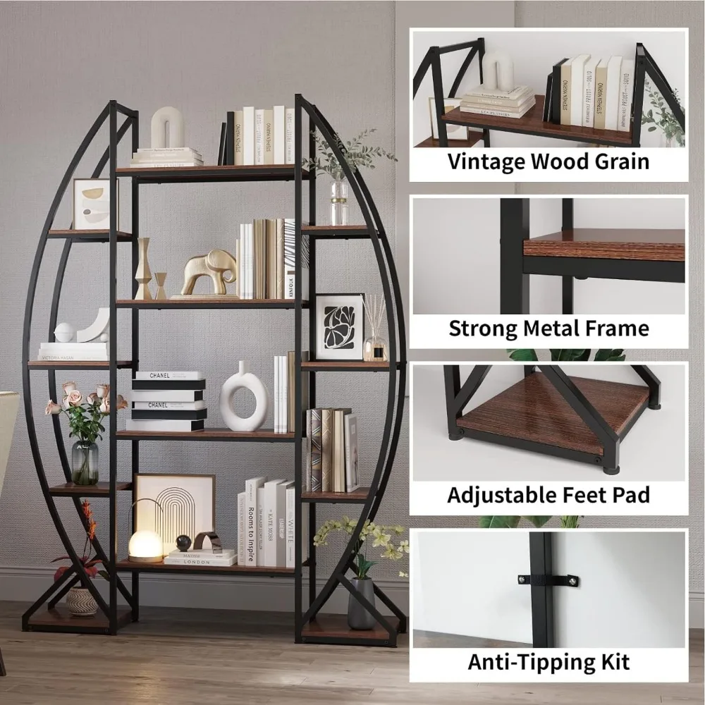 Large Oval Bookshelf, 70“ Tall Open 5 Tier Industrial Bookcases, Modern Etagere Bookcase Furniture, Wall Units for Living Room, 5