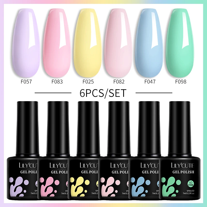 LILYCUTE 6Pcs/Set 7ml Macaron Series Gel Nail Polish Glitter Semi Permanent UV LED Nail Art Gel Vernis Base Top Coat
