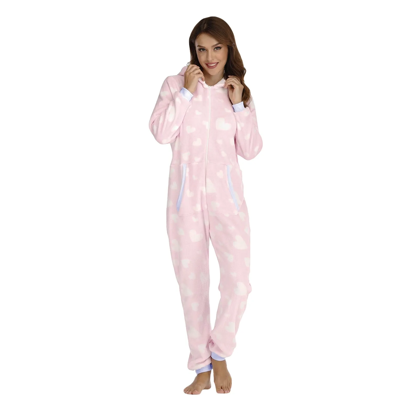 Women's Fleece Pajamas Printing Sleepwear Pajamas Hooded Jumpsuit Rompers Clubwear Nightwear Plush Drawstring Sleepwear Jumpsuit