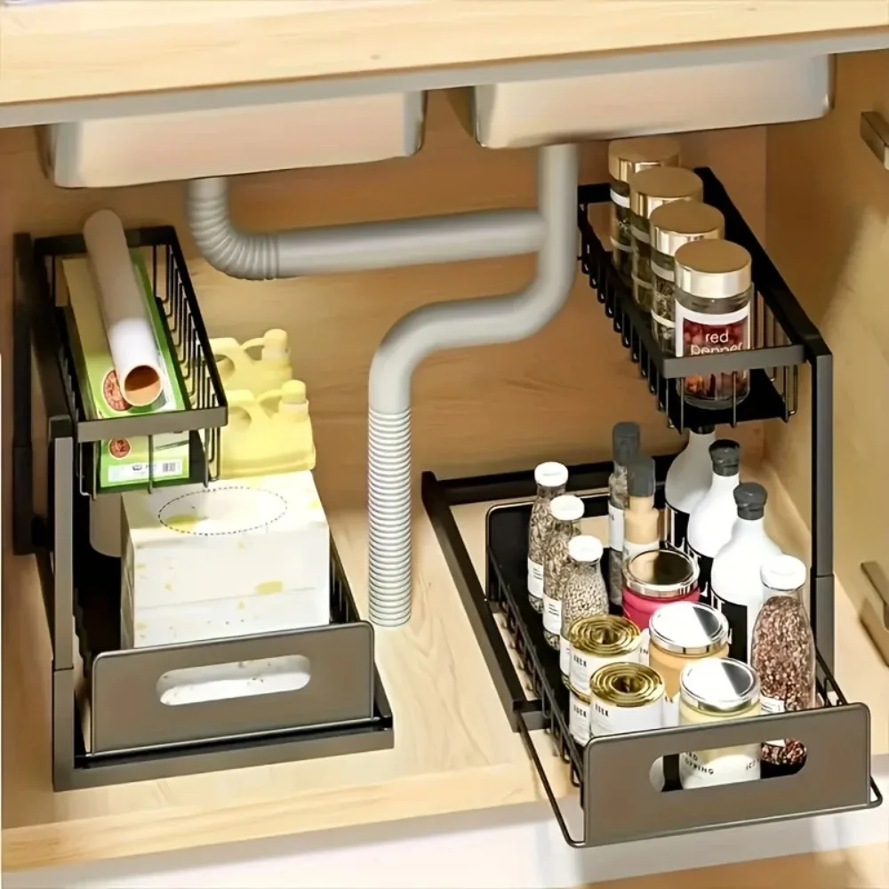 Double-Layer Sliding Sink Under-Sink Shelf for Home Use Pull-Out Cabinet Storage Rack for Kitchen and Bathroom Storage