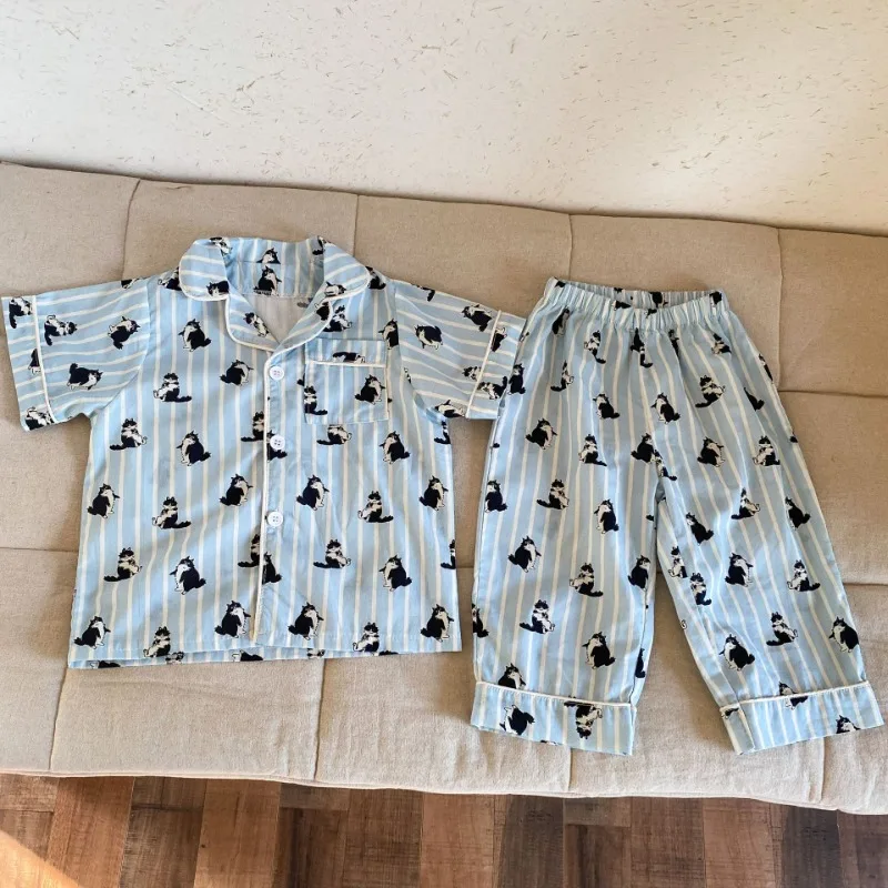 Children's Pajamas Summer 1-8Y Home Clothing Set Thin Pure Cotton Boys Lapel Top Pants 2Pcs Suit Girls Cartoon Printed Sleepwear