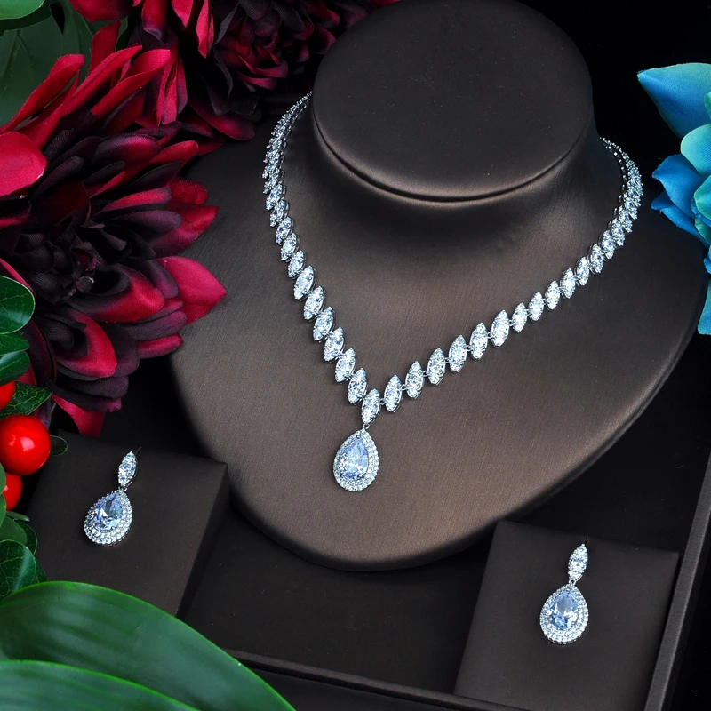 

Fashion Luxury Marquise Cut Cubic Zirconia Women Jewelry Sets Blue Water Drop Set Wedding Dress Accessories Party Gifts N-486