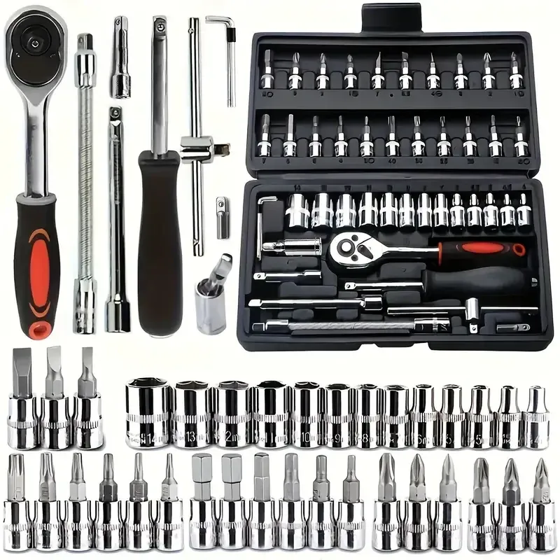 46-piece set 1/4 ratchet wrench with hexagonal sleeve wrench set Automobile repair tool complete set Quick tool Quick repair