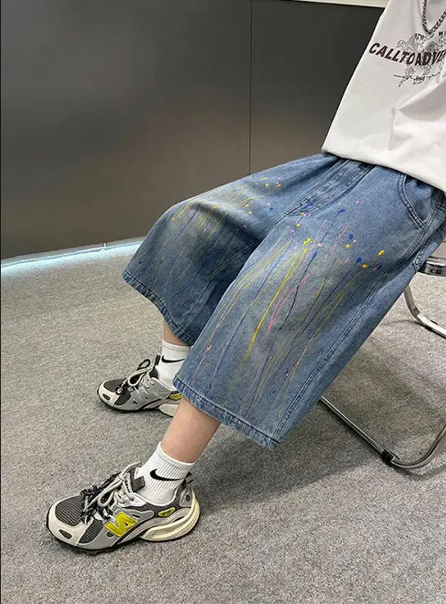 새로운 여름 십대 소년 데님 반바지 얇은 패션 스타일 패션 탄성 허리 청바지 반바지 아동복 5-14 세