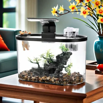 Small Living Room Fish Tank Landscape Ecological Tanks with High Brightness LED Light Desktop Goldfish Fish Tanks for Home Decor