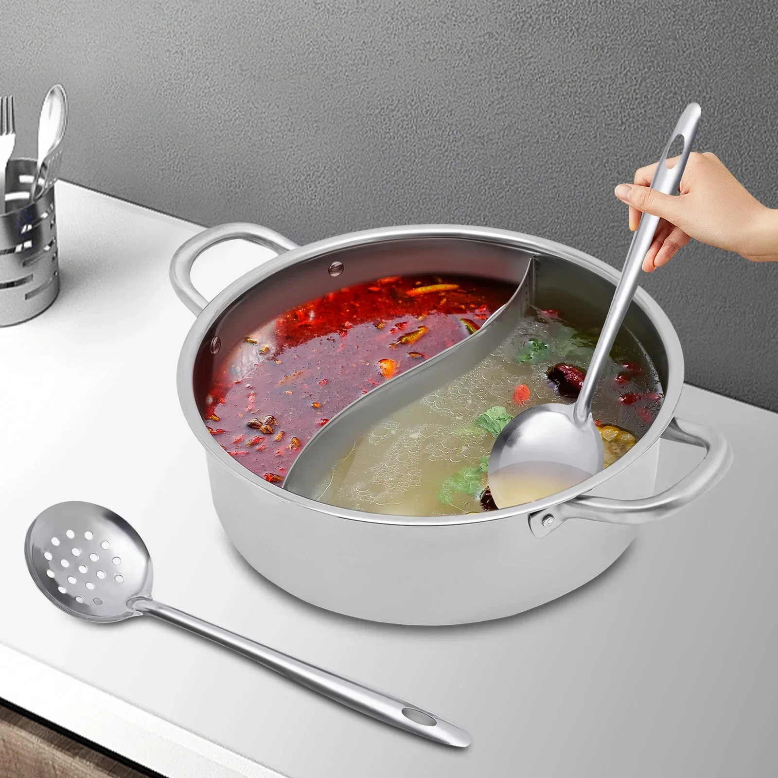 Hot Pot aus lebensmittelechtem Edelstahl 304, Küchenauflauf, Suppenkochwerkzeug mit Trennwand und Deckel für Induktionskochfeld, Gasherd (32 cm) – Detail 3