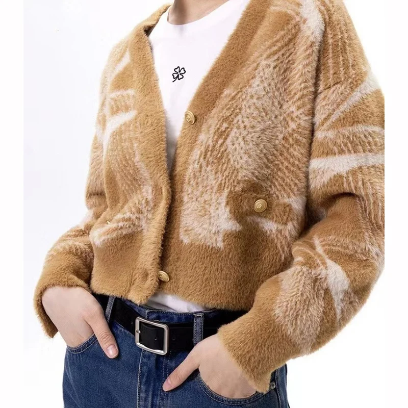 

Autumn Casual V-neck Mink Cashmere Cardigan Women 2023 Fashion Loose Knitted Sweater Warm Soft Striped Cardigans New Top 28609