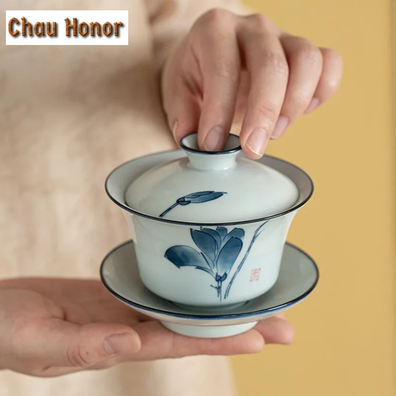 160ml Antique Hand Painted Blue And White Sancai Gaiwan Large Tea Cup Handmade Kung Fu Hand Grasping Ceramic Tea Maker Bowl Gift
