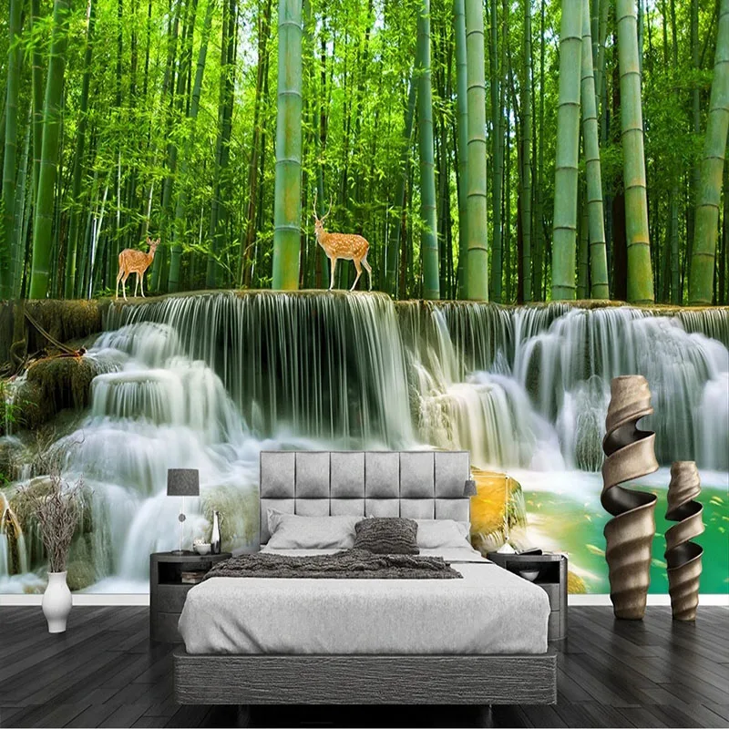 Custom 3D Self-Adhesive Bamboo Forest Flowing Water Makes Money 3D Landscape Wall Mural Wallpaper For Bedroom Walls Home Décor