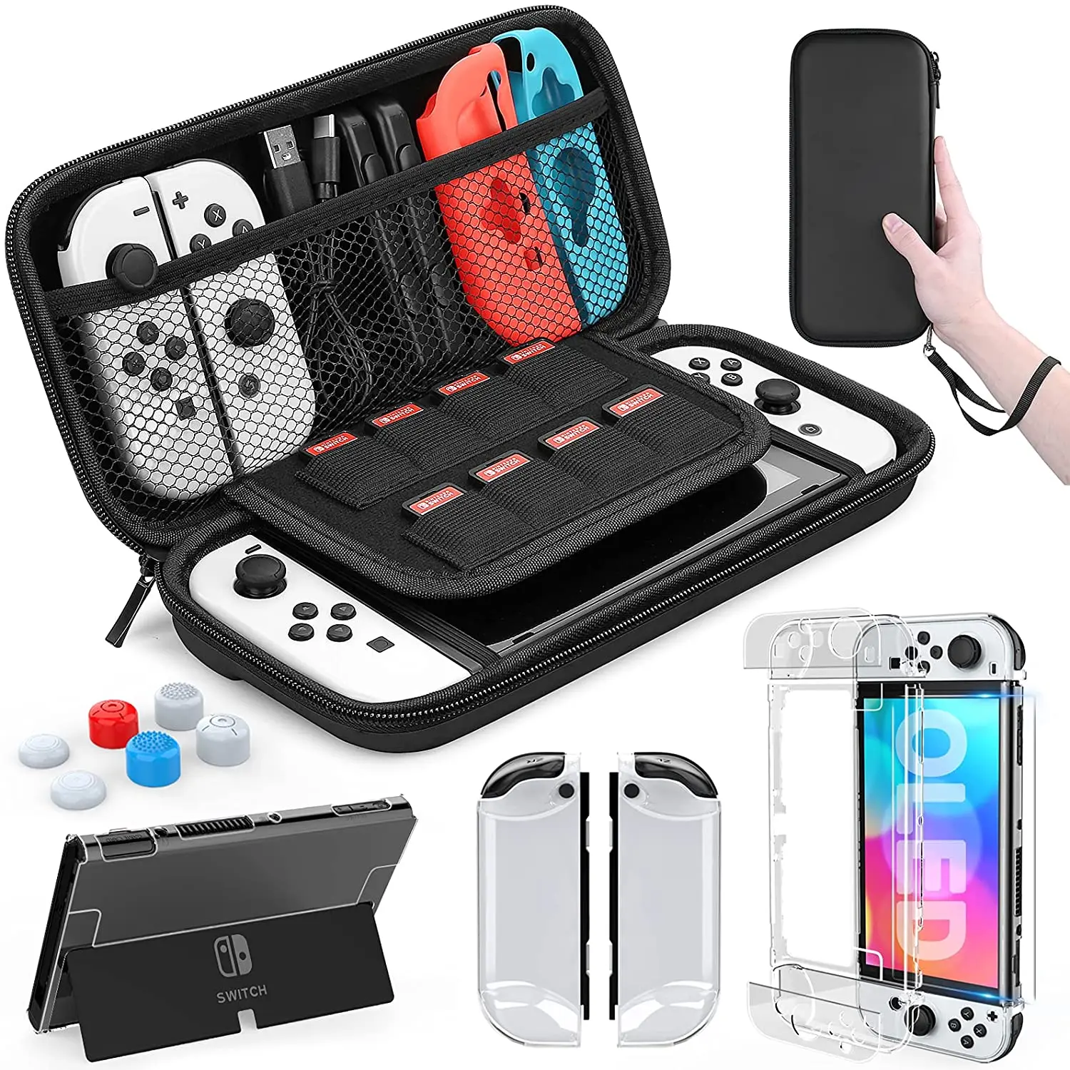 For Switch OLED Model Carrying Case 9 in 1 Accessories Kit for 2022 Nintendo Switch OLED Model  with Protective Case