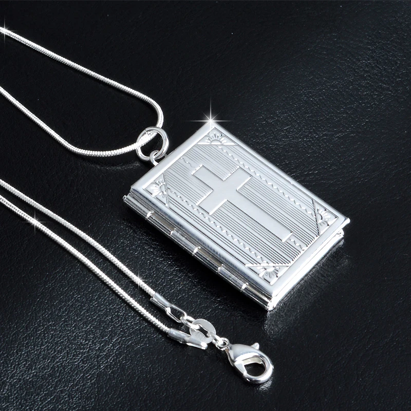 Pendant Necklace Silver Necklace Silver Pendant Silver Necklace Charms 925 Sterling Silver Square Shape Carve Cross Locket Photo Pendant Necklace Lovers Charms Gift