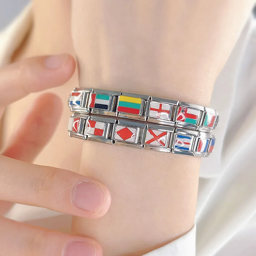 Hapiship Original Daisy Portugal BULGARIA Hungary UAE Flag Italian Charm  Fit 9mm Bracelet Stainless Steel Jewelry Making DJ589