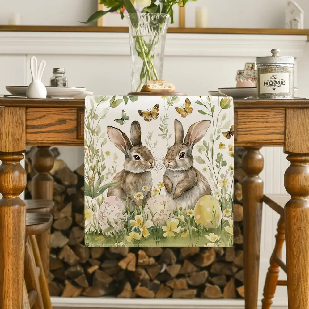 Easter Bunny Eggs Butterfly Floral Linen Table Runner Holiday Party Decor Spring Kitchen Dining Table Runner Easter Decorations 2