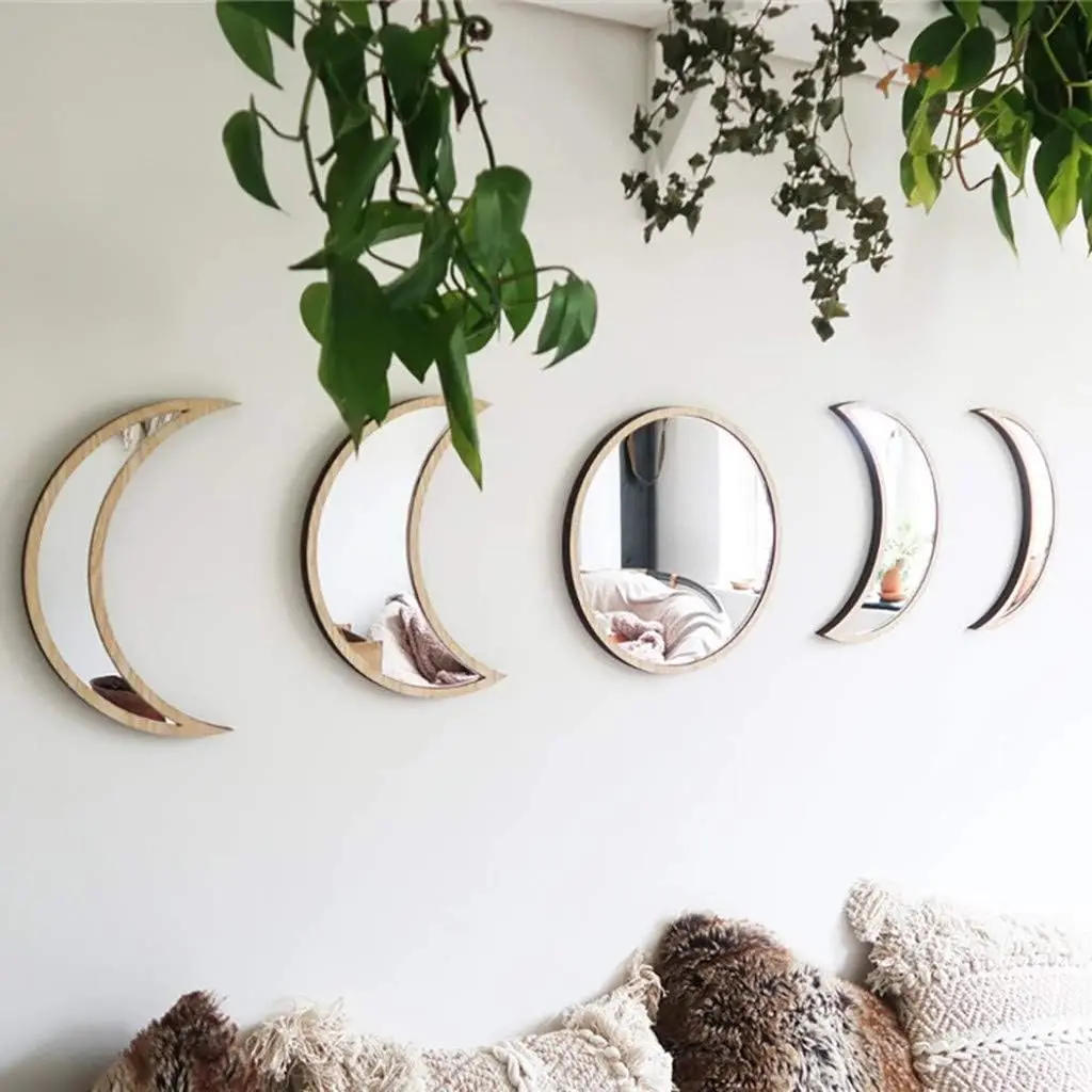 5 PCS Wooden Acrylic Moon Wall Decorative Mirror Moon Cycle Variation Decorative Wall Mirror Creative Bohemian