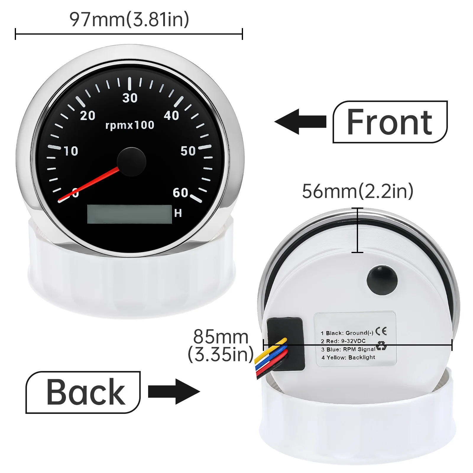 LCD 시간계가있는 HD 85mm 타코미터 7 색 백라이트 타코 게이지 3000 4000 6000 7000 8000 RPM 해양 보트 자동차 12V/24V