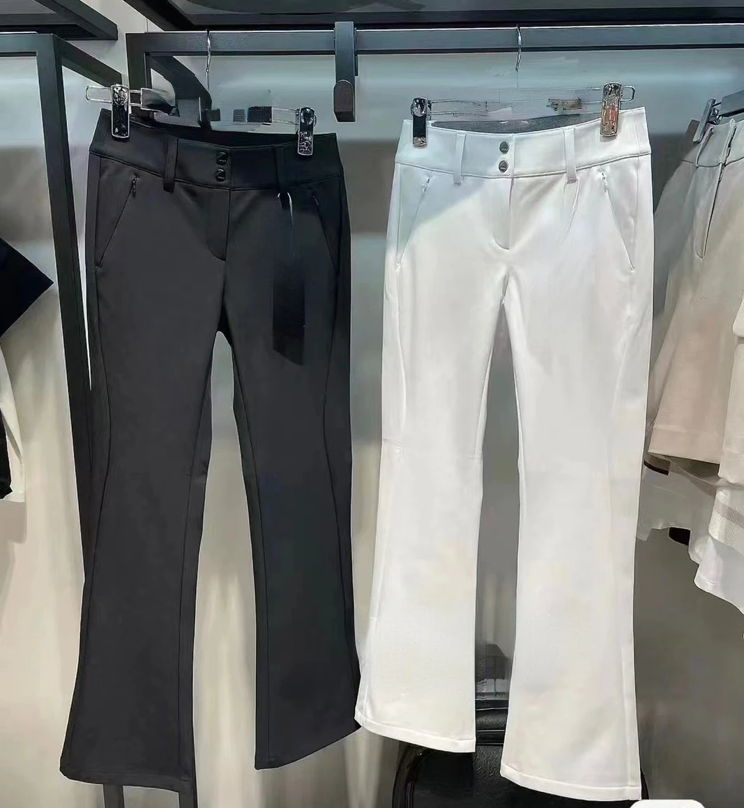 

Korean Autumn and Winter Golf Apparel Women's Black and White Velvet High Waist Elastic Slim Fit Micro Flare Pants