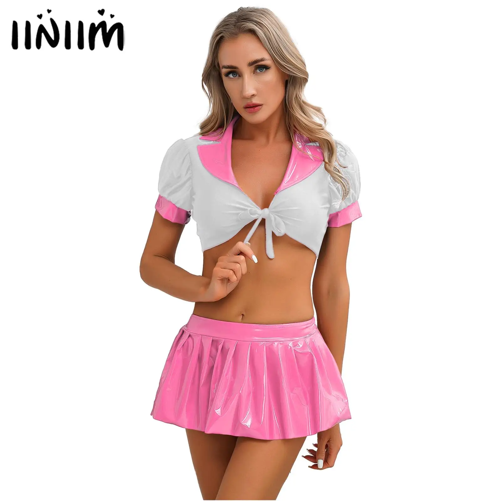 

Womens Two-Piece Set Schoolgirl Role Play Outfit Color Block Patchwork Lace-up Crop Top Patent Leather Pleated Skirt