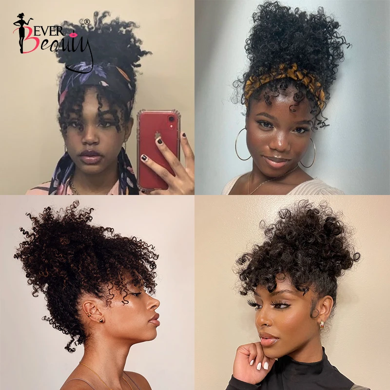 Ponytail Human Hair Mongolian Afro Kinky Curly Drawstring Ponytails With  Bangs Clip In Extensions For Women Ever Beauty Remy - Ponytails - AliExpress
