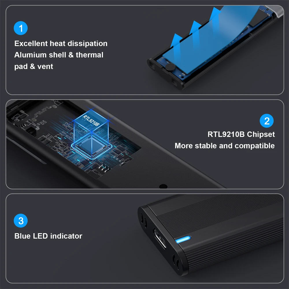 NVME SATA 듀얼 프로토콜 3.1 SSD 어댑터, M2 SSD 케이스, NVME PCIE NGFF SATA SSD 디스크 박스, CC AC 포함, M.2 to USB C타입, 10Gbps