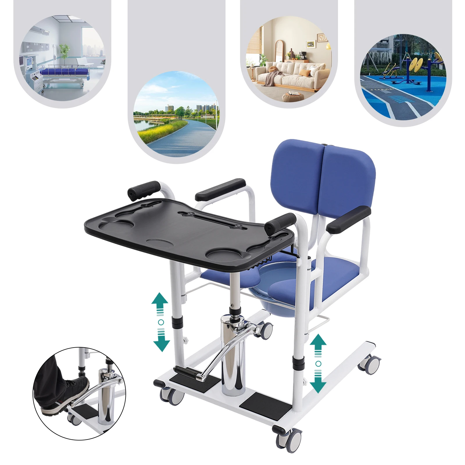 Hydraulic Patient Lift Transfer Chair, 330.7Lbs Nursing Wheelchair for Car, Aid Elderly 180° Split Seat Bathroom Bedside Commode 6