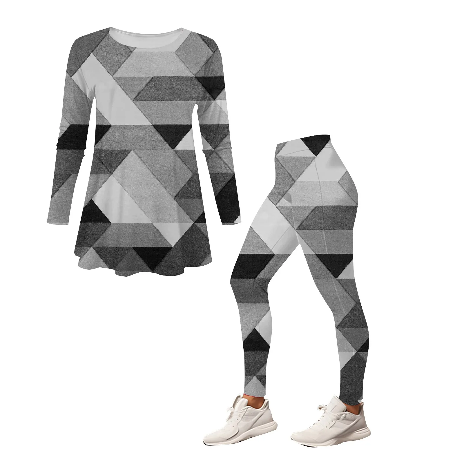 

Women Set Retro Geometric Print Two Piece Outfits Round Neck Long Sleeve Tops Long Pants Slim Fitting Home Suit Yoga Set