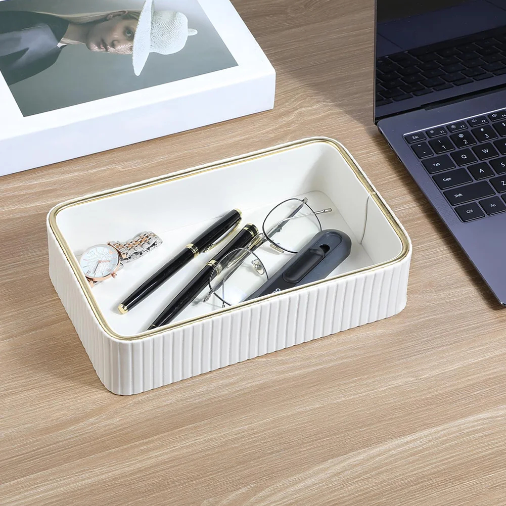 PU Leather Storage Tray Rectangular Jewellery Ring Holder Plate Multi-Function Decorative Vanity Tray for Bathroom Bedroom