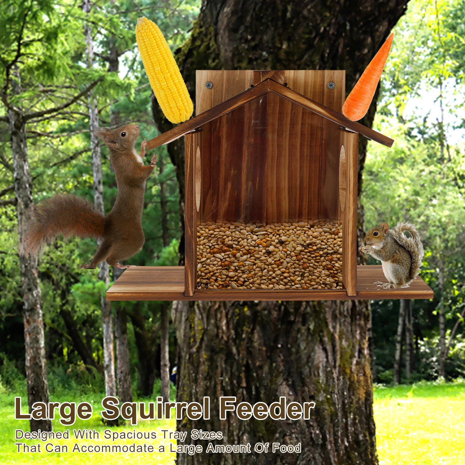 Wood Squirrel Feeder Large Capacity Squirrel Feeder House with Extended Bottom Outdoor Hanging Animal Garden Decoration