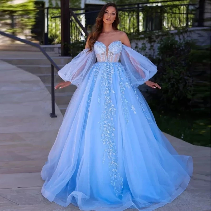 

Sweet Blue Lace Prom Dresses 2023 Off The Shoulder Puffy Long Sleeves Applique Illusion Formal Evening Gowns Wedding Party Robe