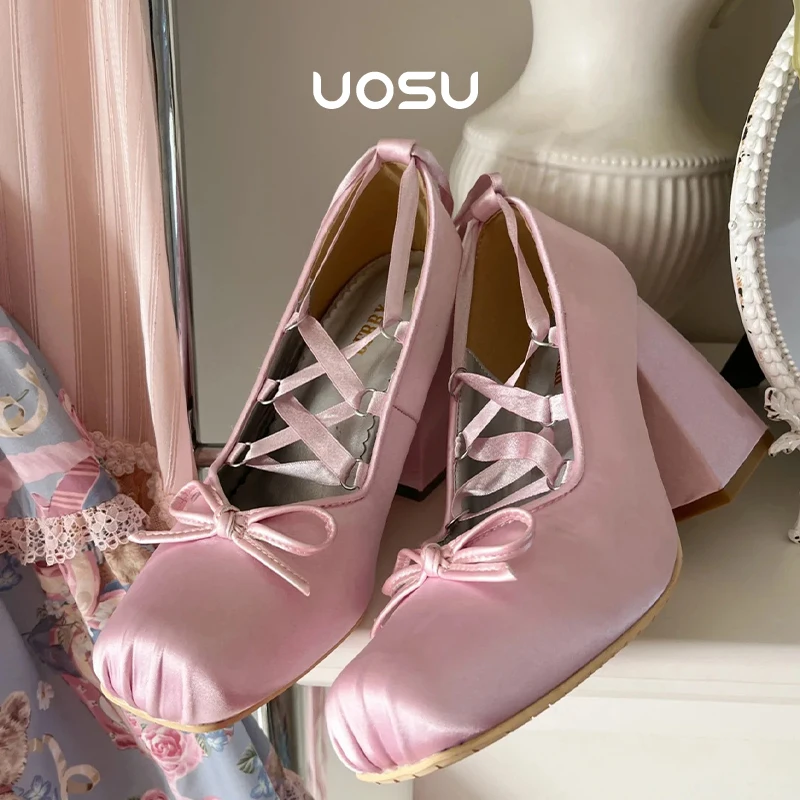 

2024 Summer New Silk Ribbon Cross Tied Mary Jane Women Ballet Lolita Butterfly Knot Sweet Girls Pumps Kawaii Pink High Heels