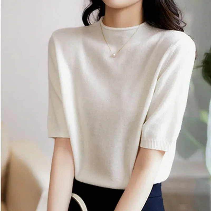 

Casual Korean Knitted Blouse Women 2023 New Women Tops Half-Turtleneck Fashion Chic Clothes Summer Solid Loose Clothing 13777