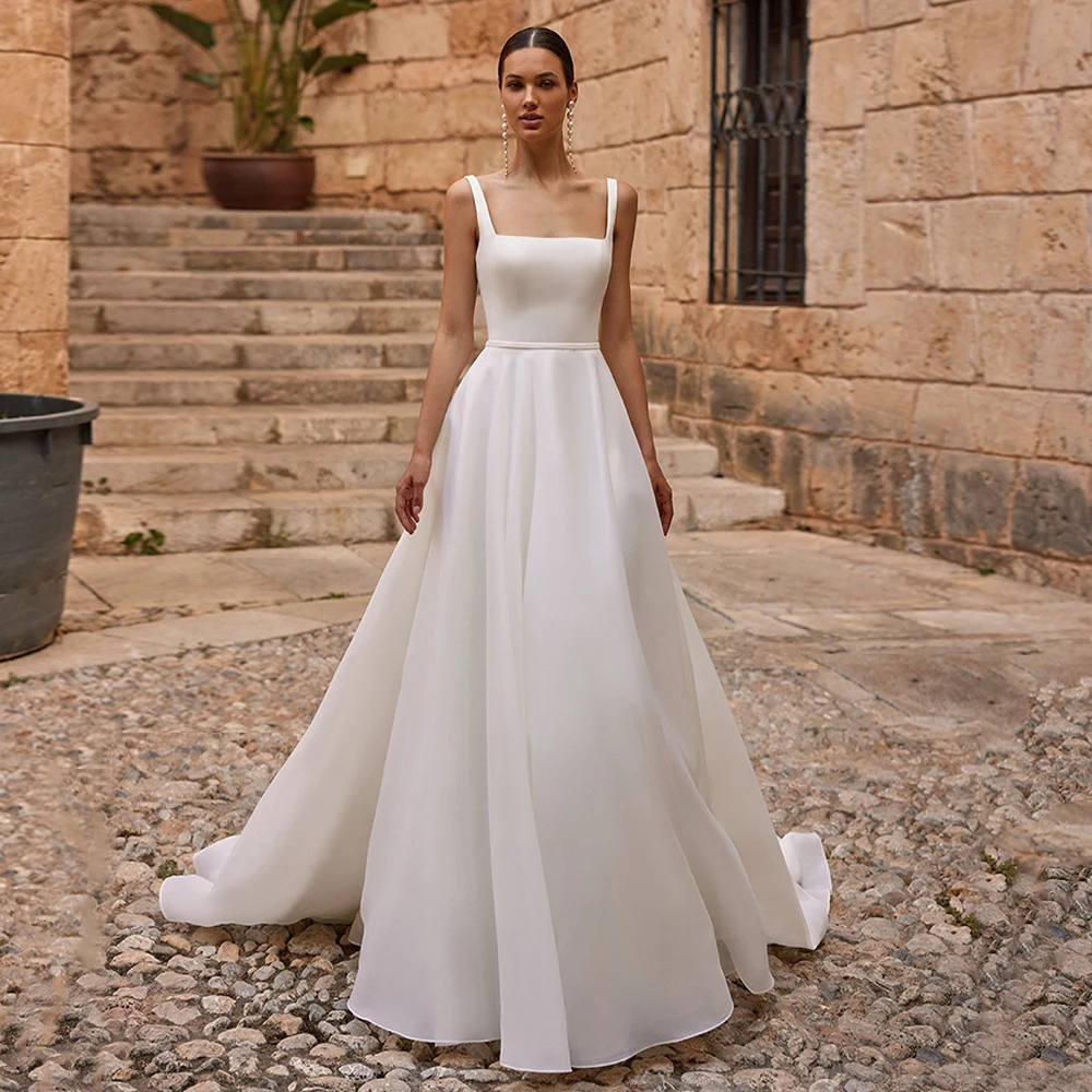 A Line Organza Wedding Dresses for Woman Bride Square Neck Sleeveless Sweep Train Backless Vestidos De Novia Bridal Gowns 4